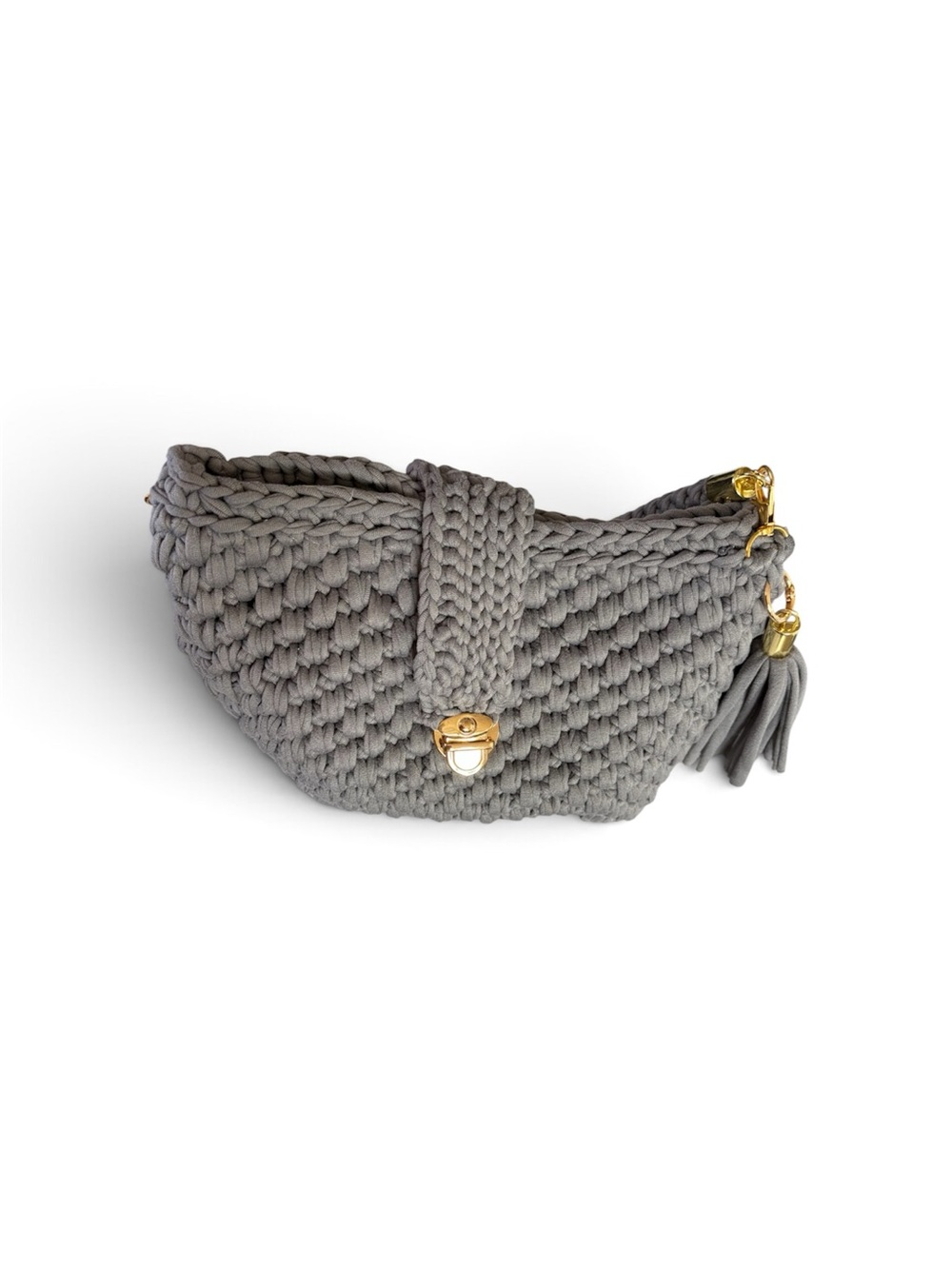 Handwoven Gray Crochet Crossbody Bag with Gold-Tone Accent